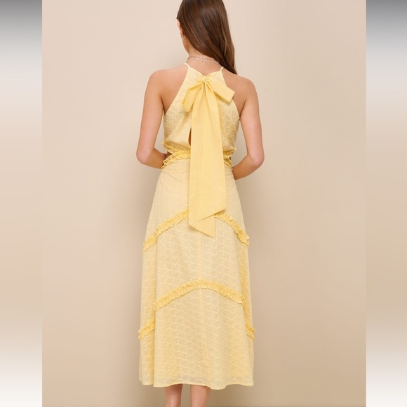 NWT Lulus Perfectly Serene Light Yellow Eyelt Ruffles Tie back midi dress - Picture 2 of 4